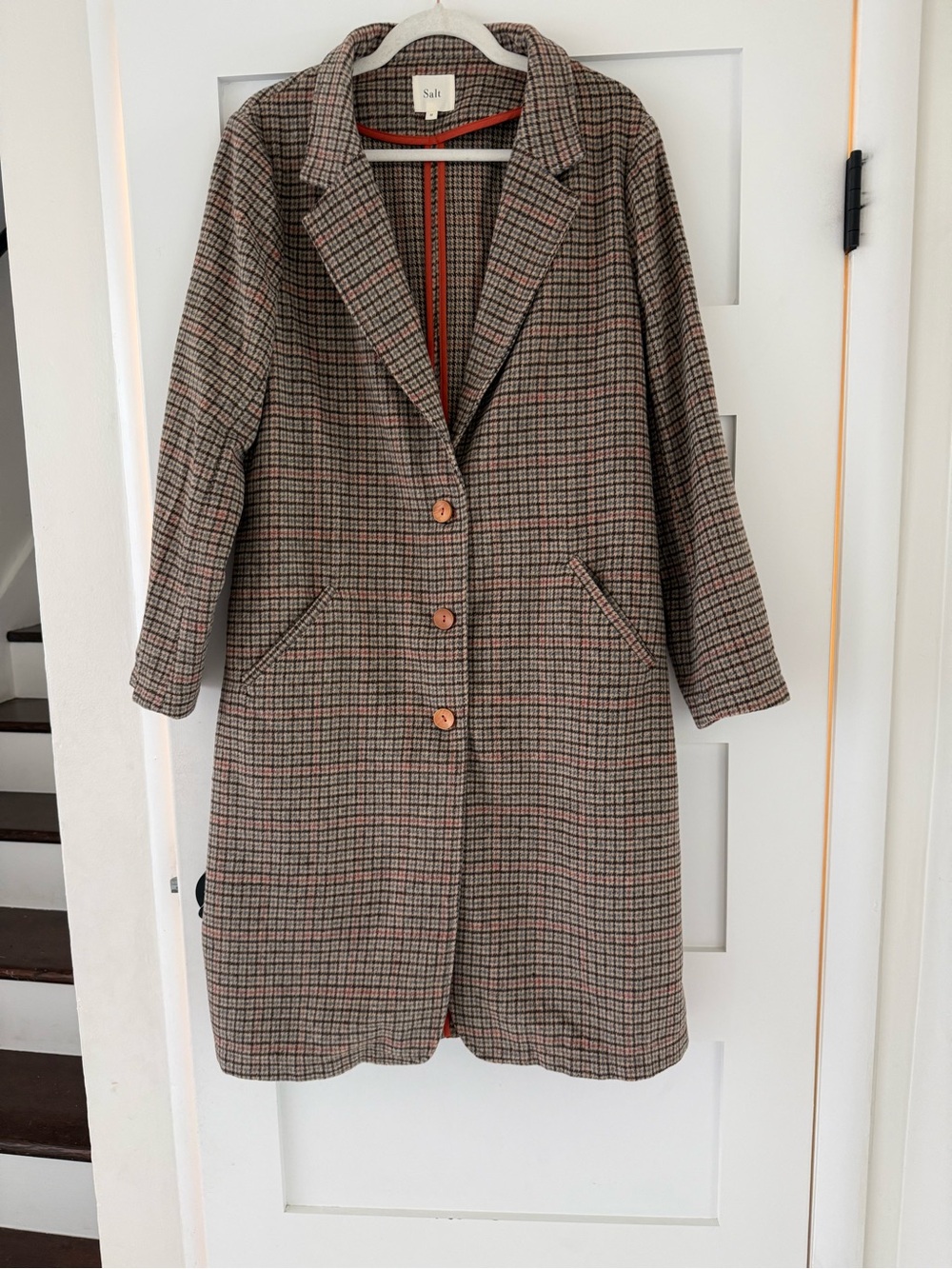 SALT Britannia Classic Coat Plaid Wool-Blend Long Coat in Brown